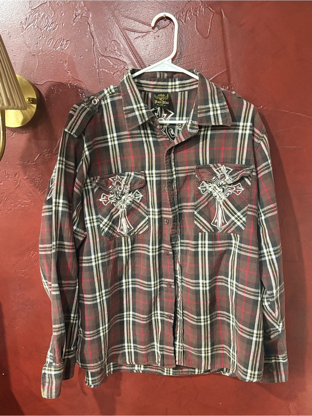 Y2K Raw Blue 2X Plaid Shirt Cross Angel Wings Embroidered Biker Grunge Western
